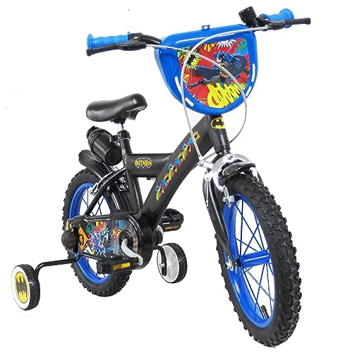 albri 14 Pouces, vélo Batman, avec stabilisateurs latéraux, Bouteille d'eau et Bouclier Avant personnalisé. Fabriqué en Italie pour Enfant, Noir