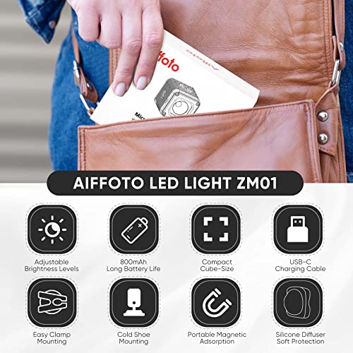 Aiffoto LED Camera Video Light Kit, 800mAh Mini Cube Lights Portable Photography Conference Fill Lighting, with Cold Shoe Mount Clamp Mount and Diffuser (white)