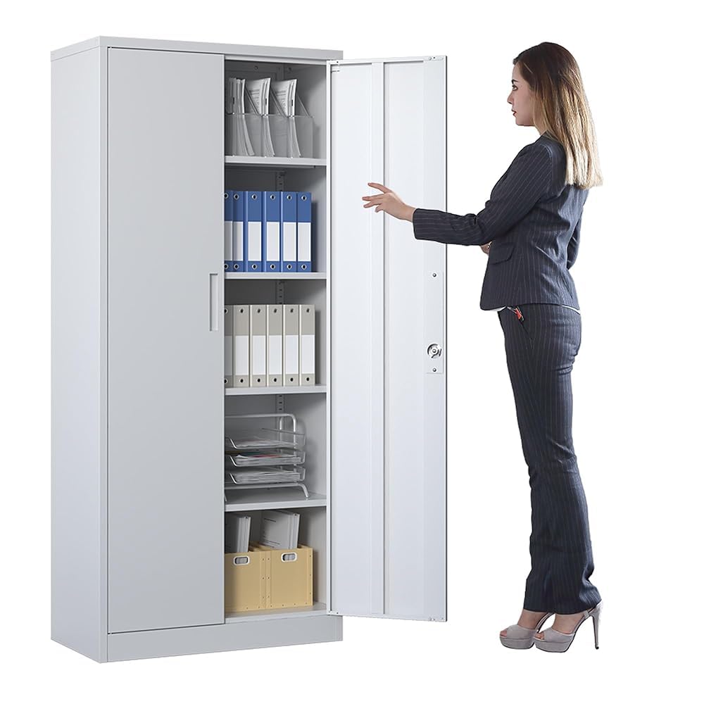 BIZOEIRON Metal Storage Cabinet with 4 Adjustable Shelves, Garage Tool Cabinet with 2 Lockable Doors for Office, Home, Garage, Require Assembly, White