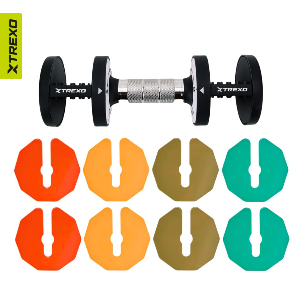 TREXO MULTICOLOR Verstellbare Hantelset 2x 5 kg Hanteln aus Stahl mit rutschfestem Griff Ideal für das Krafttraining zu Hause und im Fitnessstudio Verstellbare Hantel mit stabilem Standfuß