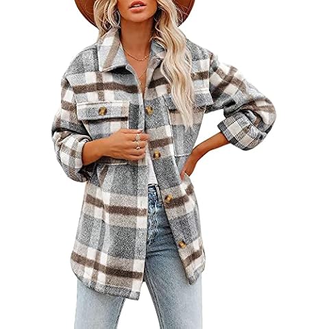 Women's Autumn Winter Casual Oversize Long Sleeve Plaid Tops Flannel Checked Shirt Jackets Shacket Khaki XL Cover