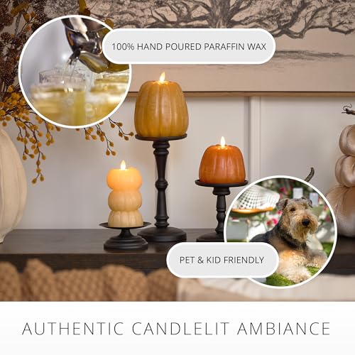 Image of Luminara Chalky Stacked Pumpkins Figural Flameless Flickering Moving Flame LED Candle (3.1 inch x 6 inch), Chalky Finish Real Unscented Wax, Time Function (Golden Husk)