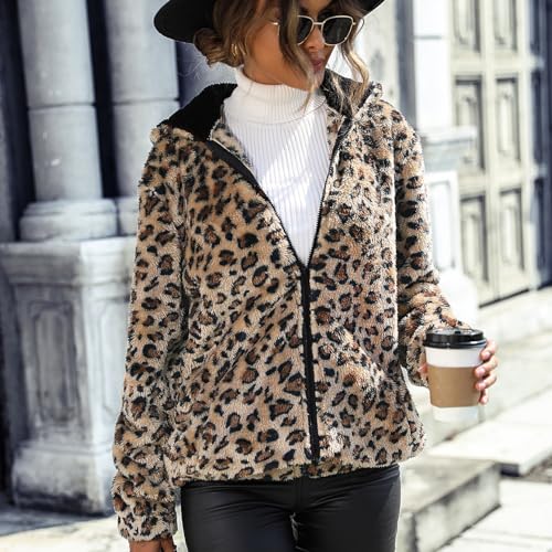 Womens Leopard Sherpa Jacket Fleece Hoodie Zip up Winter Warm Hooded Sweatshirt Fall 2024 Long Sleeve Outfits3