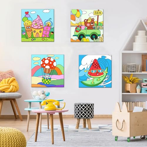 4 Pcs Kids Pre Drawn Canvas to Paint, 8 x 8 Inch Canvas Painting Kits with 12 Acrylic Paint Sets and 2 Brushes, Pre Sketched Canvas Set for Painting for Girls Boys Beginner Artists (Vacation)