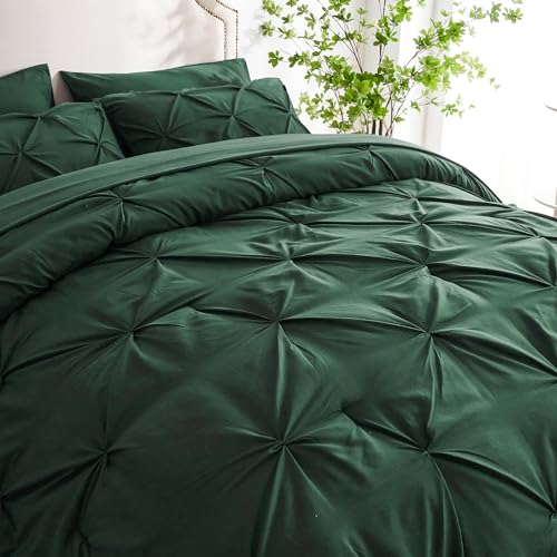Ubauba 5pc Twin Size Comforter Set with Sheets, Dark Green 5 Piece Pintuck Bed in a Bag with Comforter, All Season Emerald Pinched Pleat Bedding Set (Green,Twin)