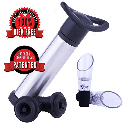 Jeeves Wine Accessories Deluxe Wine Saver - Efficient Vacuum Pump, 2 Wine Bottle Stoppers & 2 Drip Free Aerating Pourers