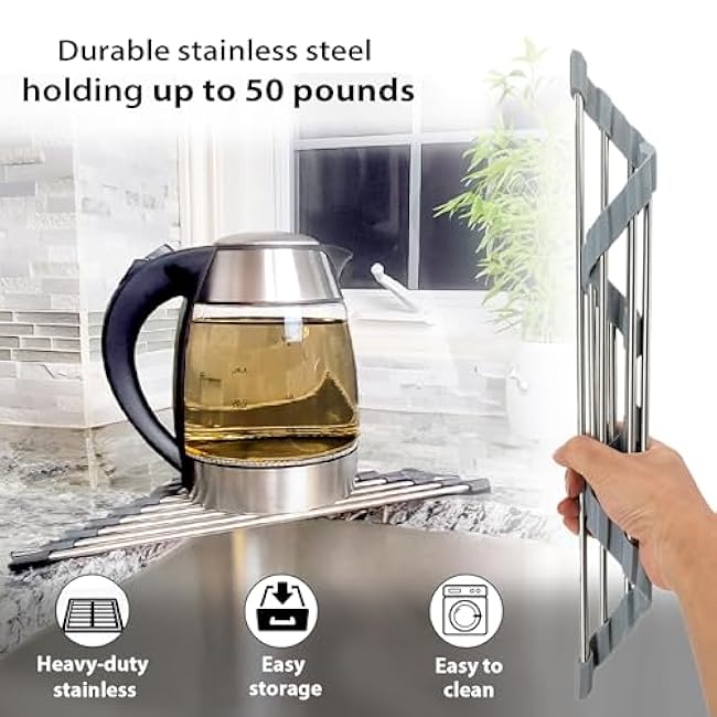 Roll Up Sponge Holder for Counter, Sink Organizer for Kitchen, Bathroom, Laundry Room, 304-Stainless Steel Sink Organizer for Sponge, Brush, Scrubber, Soap Dispenser Holder, Dish Drying Rack(Black)