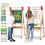 JOYOOSS 3 in 1 Kids Wooden Art Easel with Bonus Easel Kids Art Supplies, Double Sided Children Easel Chalkboard/Magnetic Dry Erase Board - Toddler Easel w Storage Bins for 3~12 Years Girls Boys Gifts