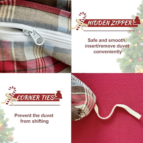 Image of EAVD Vintage Red Brown Buffalo Plaid Duvet Cover Queen 100% Wasehd Cotton Plaid Bedding Set with Grid Checkered Pattern Farmhouse Gingham Duvet Cover with Zipper Closure 2 Pillowcases for All-Season