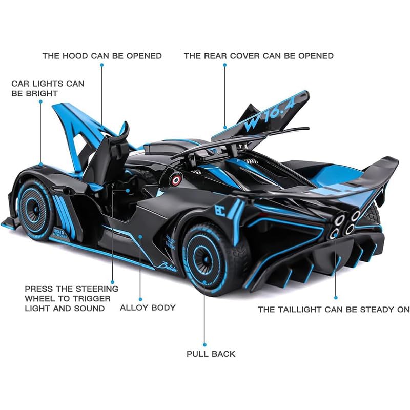 Image of Kids Model 1:24 Big Bugadi Bolide Die Cast Metal Car Pull Back Action Opening Doors with Realistic Engine Sound Lights Toy Car Gift for Boys - Blue
