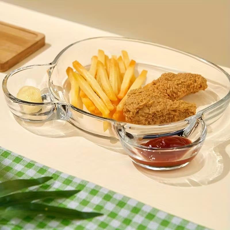 Image of PrimeWorld 2pcs Bear-Shaped Borosilicate Glass Grid Plate | 9.25 Inch Salad Plates | Microwave & Oven Safe Partition Dish | Multi-Functional Tableware for Noodles, Chips, Dumplings, Pastries & More