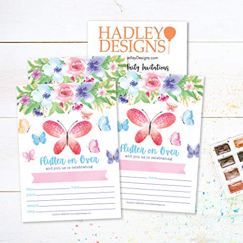 Image of Hadley Designs Kids Birthday Invitations Girl Butterfly Theme - 25 Butterfly Birthday Party Invitations For Girls, Flutter on Over Invites For Girls, Cute Party Supplies, Made in USA