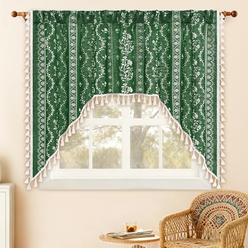Image of Yinhua Boho Swag Valance Curtains Vintage Linen Valances for Windows Light Filtering Floral Kitchen Valance Rod Pocket Rustic Tassel Window Valances for Bathroom Cafe, 60 inch W x 36 inch L, Olive Green