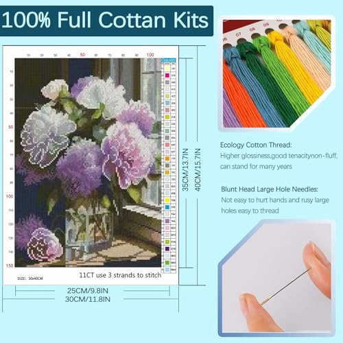 Image of Purple Flower Stamped Cross Stitch Kits,11CT Cross Stitch Kits for Beginners,DIY Needlepoint Kits for Adults,Embroidery Patterns Dimensions Counted Cross Stitch Kits Art Crafts Kits for Home Decor