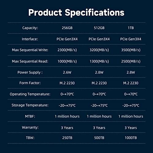 Image of KingSpec 1TB M.2 2230 SSD NVMe Gen3x4, PCIe 3.0 SSD with 3D NAND Flash, Internal Solid State Hard Drive for Steam Deck & Surface Pro (Read Speed up to 3500MB /s)