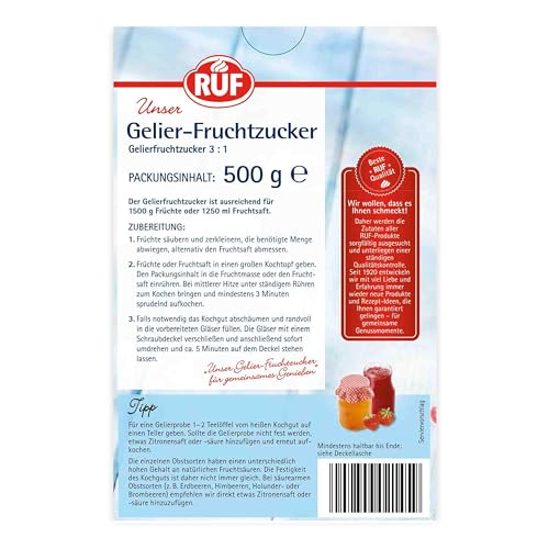 RUF Gelier-Fruchtzucker 3 zu 1, Gelierpulver und Zucker kombiniert, nur Früchte oder Fruchtsaft hinzufügen, Geliermittel glutenfrei & vegan, 1 x 500g
