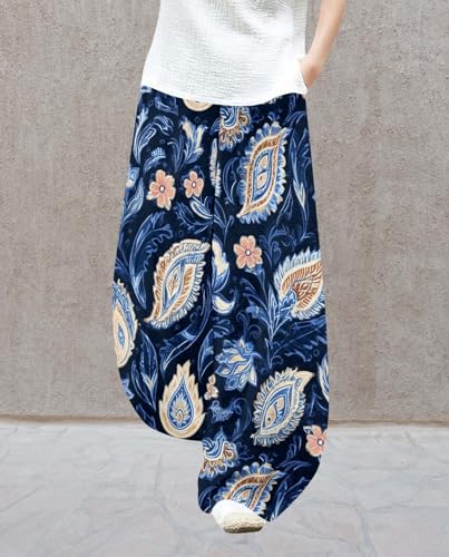 Womens Floral Print Lounge Wide Leg Pants Loose Elastic Waist Summer Fashion Plus Size Trousers with Pockets4