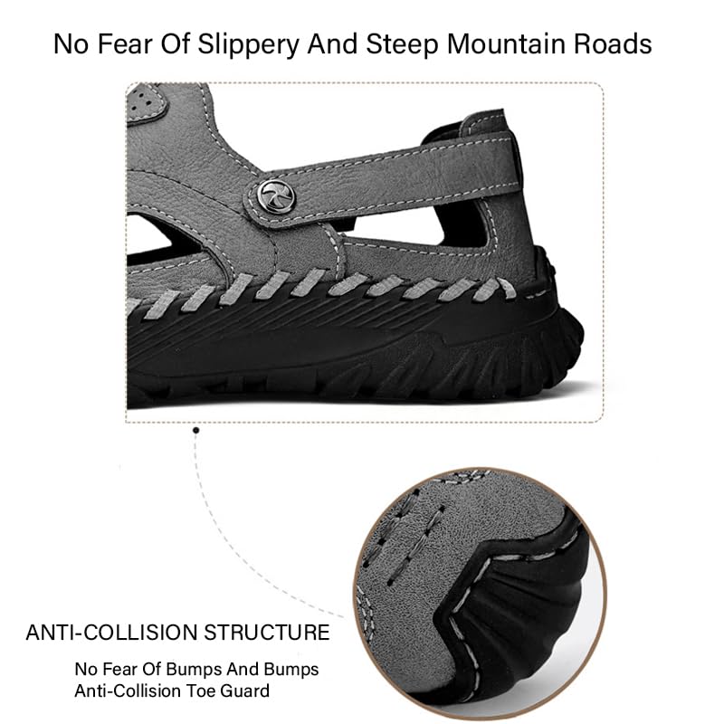 Men's Genuine Leather Handmade Hollow Flat Sports Sandals Lightweight Closed Round Toe Non-Slip Slip-On Summer Casual Breathable Beach Fisherman Shoes3