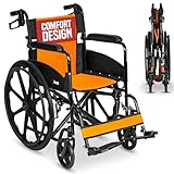 Lightweight Folding Wheelchair - Travel Friendly Foldable Self Propelled Transit Wheel Chair - Adjustable Footrests, Lock Lever Brakes, Dual Parking Brakes - Orange, Standard 18' Seat
