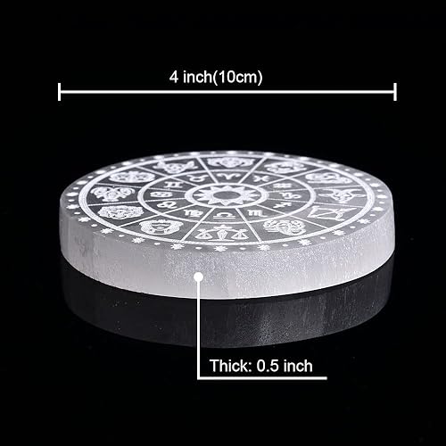 Miniatura 10 de JIC Gem Placa de carga de selenita grabada con luna de 3 pulgadas, losa de selenita grabada, pequeña estación de carga de cristal curativo