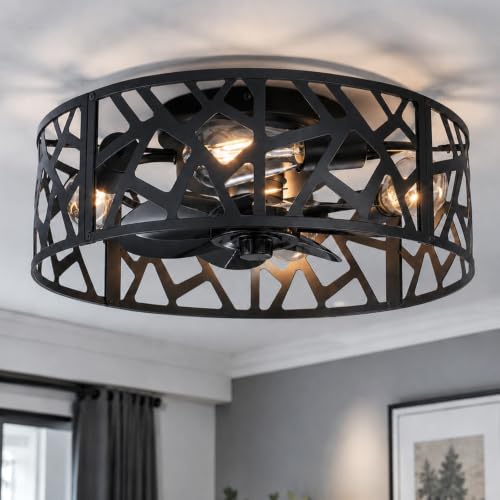 Image of 18 inch Caged Ceiling Fan with Light Vintage Black,Flush Mount Fandelier Ceiling Fan with Lights and Remote,Farmhouse Ceiling Fans for Bedroom, Kitchen, Living Room