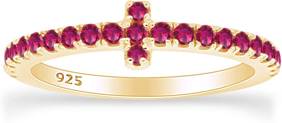 AFFY Cross Design Half Eternity Wedding Band Ring for Women – Round Cut Simulated Birthstone Ring in 14K Gold Over Sterling Silver, Dainty Promise or Anniversary Jewelry Gift