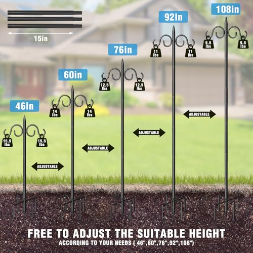 Image of Double Shepherds Hooks for Outdoor, 108 Inch Heavy Duty Bird Feeder Pole with 5 Prongs Base, Adjustable Shepherds Hook for Bird Feeder, Garden, Weddings, Hanging Plant, 2 Pack