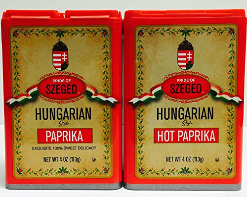 Pride of Szeged Hungarian Style Sweet Delicacy Paprika (4 oz) and Hot Paprika (4 oz) - PACK OF 2