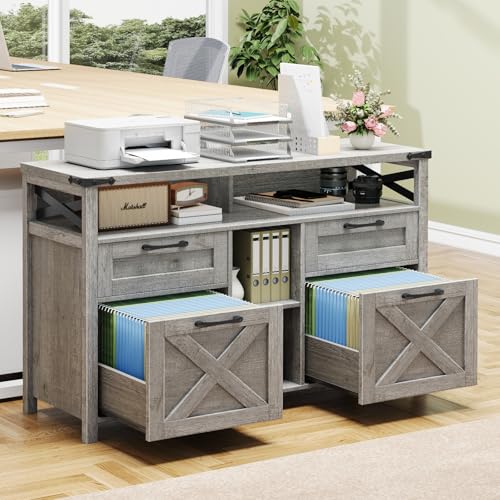 Halitaa Filing Organization Storage Cabinets 4 Drawer with Adjustable Shelf, Lateral Filing Cabinet with Open Storage Shelf for Home Office, Farmhouse File Cabinets for Hanging Files Letter/A4.Gray - Thumbnail 4