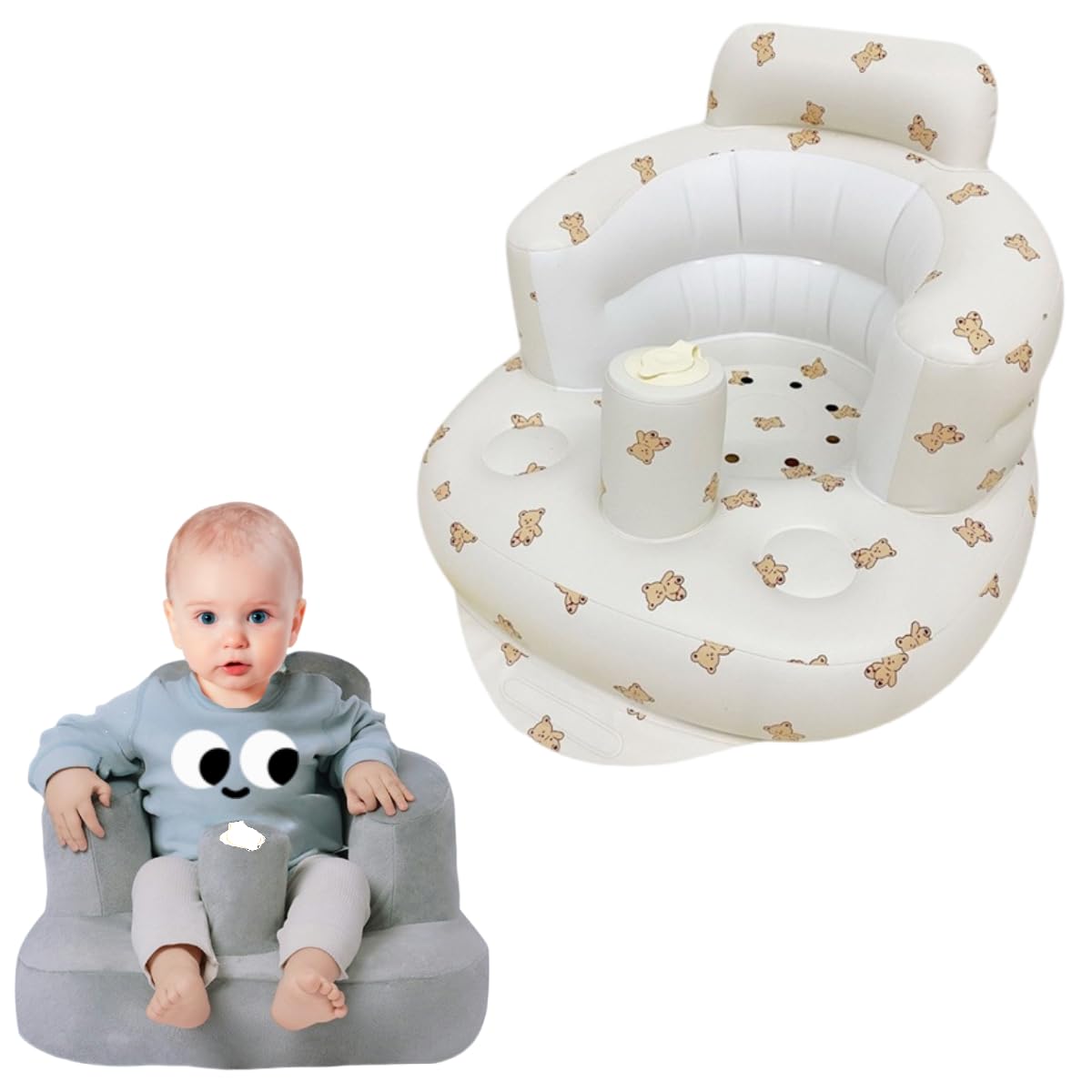 Aufblasbarer Baby-Sitz für Babys ab 4-24 Monaten,Baby-Rückenstützsofa,Boden-Sitzunterstützung zum Sitzen lernen (Baby Bär+Sofabezug)