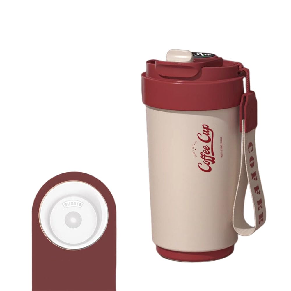 Kubek podróżny 450 ml kubek termiczny ze stali nierdzewnej szczelna pokrywka czerwony, biały, czerwony i biały, czarny ceramiczny wkład, z linką do noszenia, z klamrą blokującą do zimnych