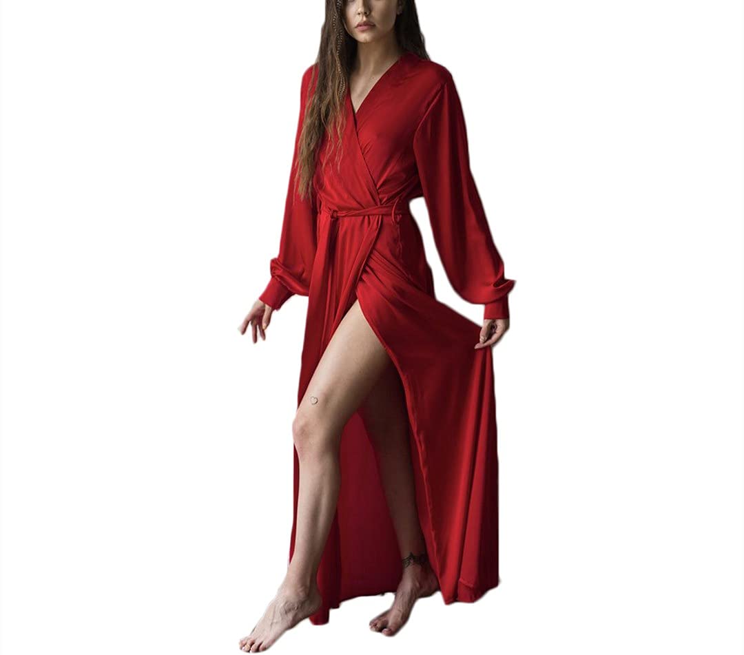 Women Kimono Robes Long Bath Robes Full Length Sleepwear Dressing Gown Solid Color