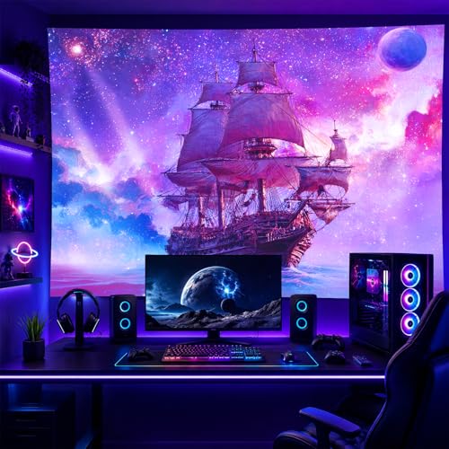 Image of BlissYard Psychedelic Galaxy Ship BlackLight Tapestry UV Reactive Ocean Sailing Wall Hanging 78x59 Inch Trippy Starry Sky Nautical Scene Cosmic Sea Decor For Bedroom Living Room Dorm Party