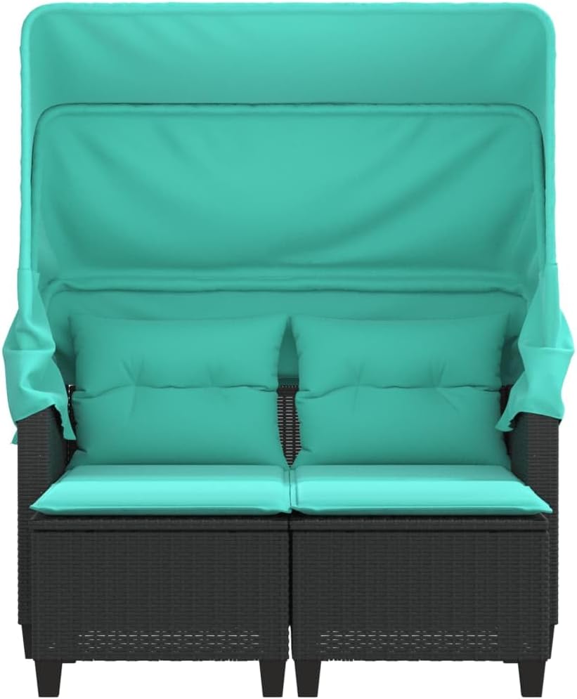 Black 2-Seat Outdoor Rattan Loveseat with Retractable Canopy, 48.4"x25.6"x61" Matte PE Wicker Patio Couch, Powder-Coated Steel Frame Comfy Cushions for Garden Balcony Porch