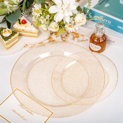 Image of 200 Pcs Gold Glitter Plastic Plates - Disposable Party Plates, Gold Glitter Disposable Plate Include 100 Dinner Plate and 100 Dessert Plate, Plastic Plate for Party, Holiday, Wedding & Birthday