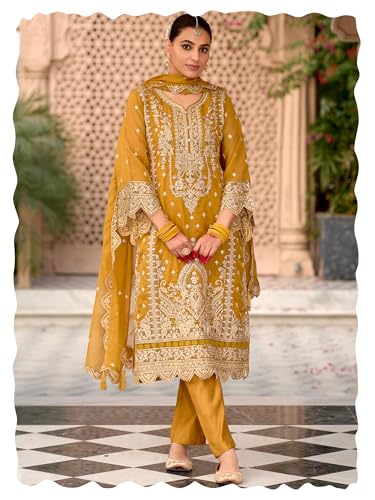 Image of INDO ERA Women's Organza Embroidered Straight Kurta and Pant with Dupatta Set (IEOUT10606)