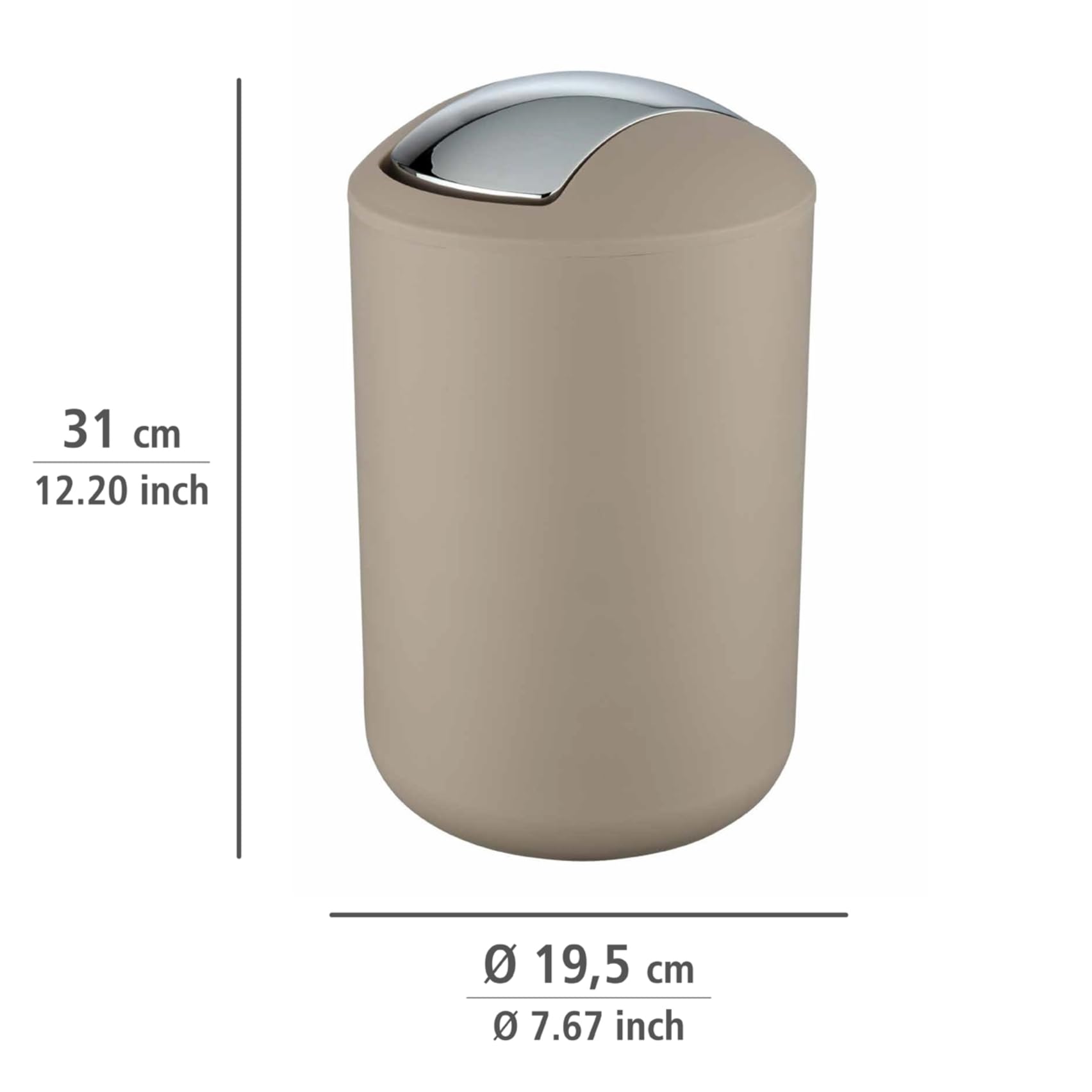 Bad-Accessoire Set Mod. Brasil, 4-teilig bestehend aus Zahnputzbecher, 320 ml Seifenspender, Kosmetikeimer 6,5 Liter & WC-Garnitur inkl. WC-Bürste, aus bruchsicherem Spezialkunststoff, Taupe