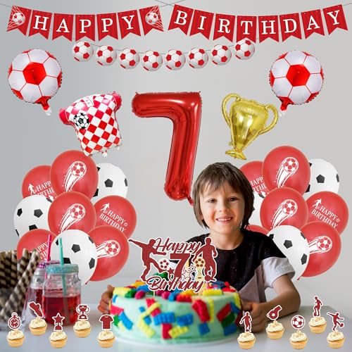 Football 7th Birthday Decorations Boy - 37 Pcs Red Party Decoration Including Happy Birthday Banner, Soccer Trophy Balloons, Number 7 Balloon and Cupcake Toppers for Boys Football Party Supplies - Image 4