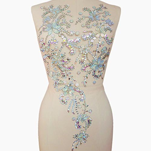 Noble Pure Handmade Beaded Crystal AB Color Patches Sew on Rhinestones with Stones Sequins Beads Applique Designs Patches Sewing for DIY Wedding Dress Trim 30x60cm (AB)