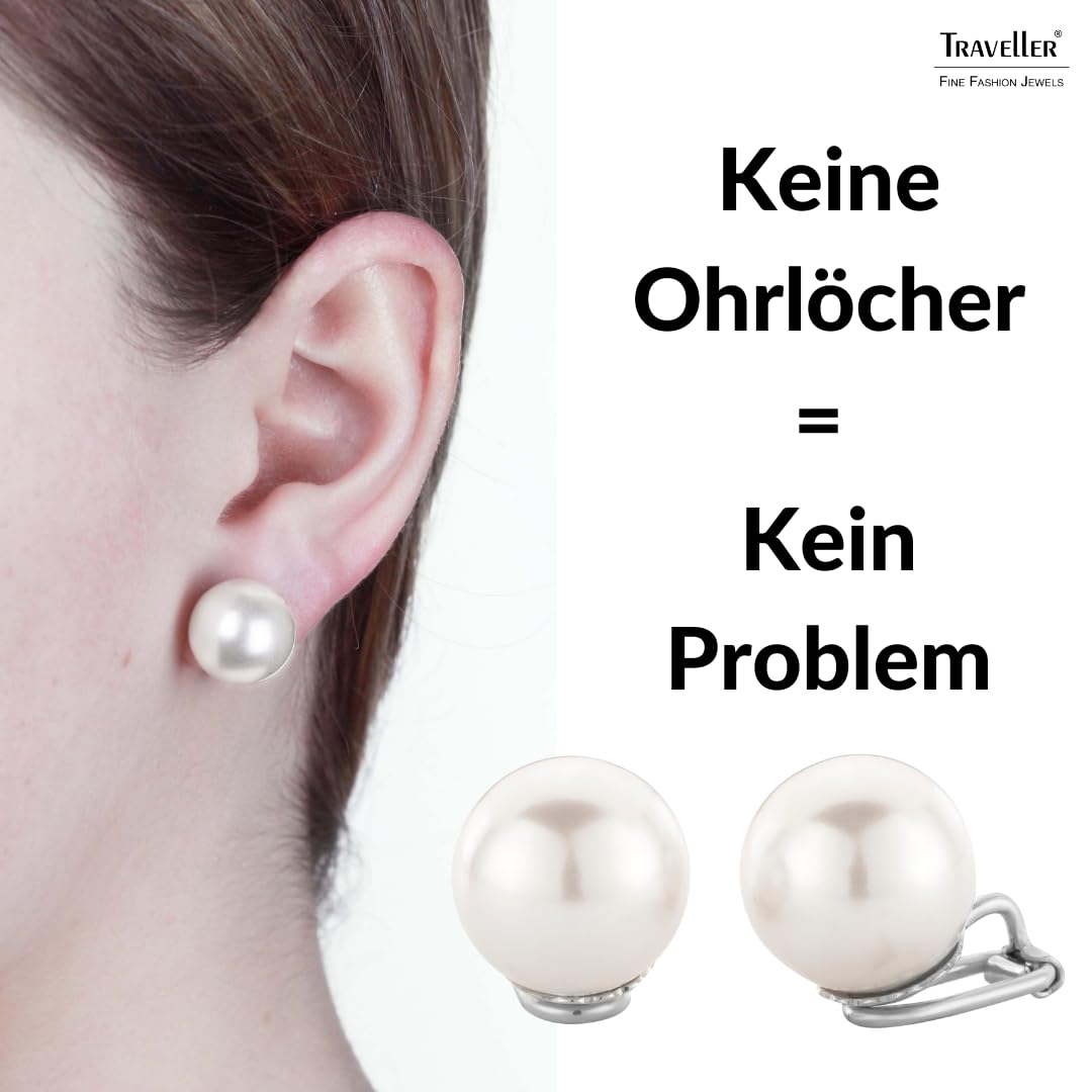 Traveller Ohrclip - Damen - Silberfarben - Perle - 14 mm - Weiss - Platiniert - 801114