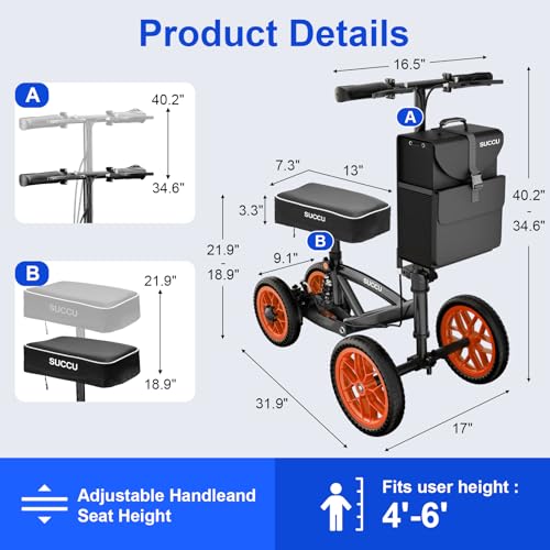 Image of All Terrain Knee Scooter for Adults, Crutch Alternative, 300LBS | For Adults for Foot Surgery, Knee Scooter for Broken Ankle Foot Injuries Recovery, Height Adjustable Handle & Knee Pad
