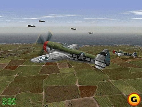 In-game P-47 Thunderbolt flying over a rural landscape