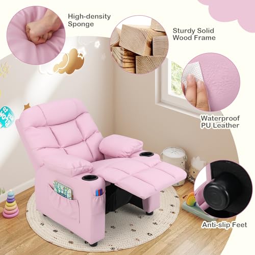 Image of Costzon Kids Recliner Chair with Cup Holder, Adjustable Lounge Chair w /Footrest & Side Pockets for Children Boys Girls Room, Ergonomic Toddler Furniture Sofa, Kids Pink Recliner (Pink)