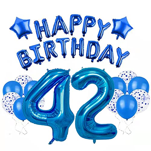 Guirnalda de cumpleaños para 42 cumpleaños globos de látex con lentejuelas azules, globo número 42, globos de helio, corazón, estrella, globos de cumpleaños, decoración para aniversario de boda Cover