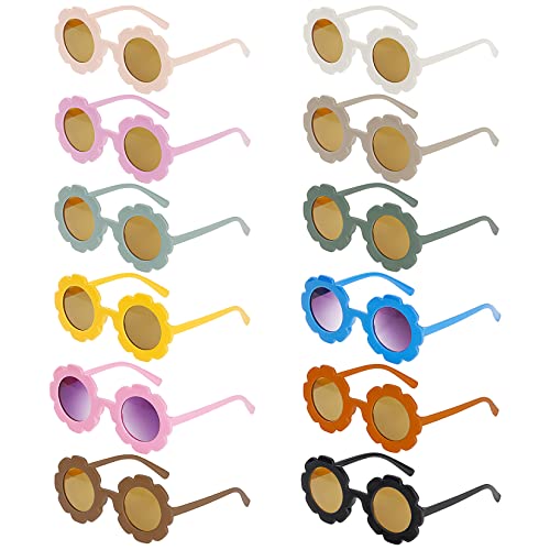12 Pieces Kids Sunglasses, Round Flower Shaped Sunglasses Colorful Girls Sunglasses for Outdoor Beach Party Accessories