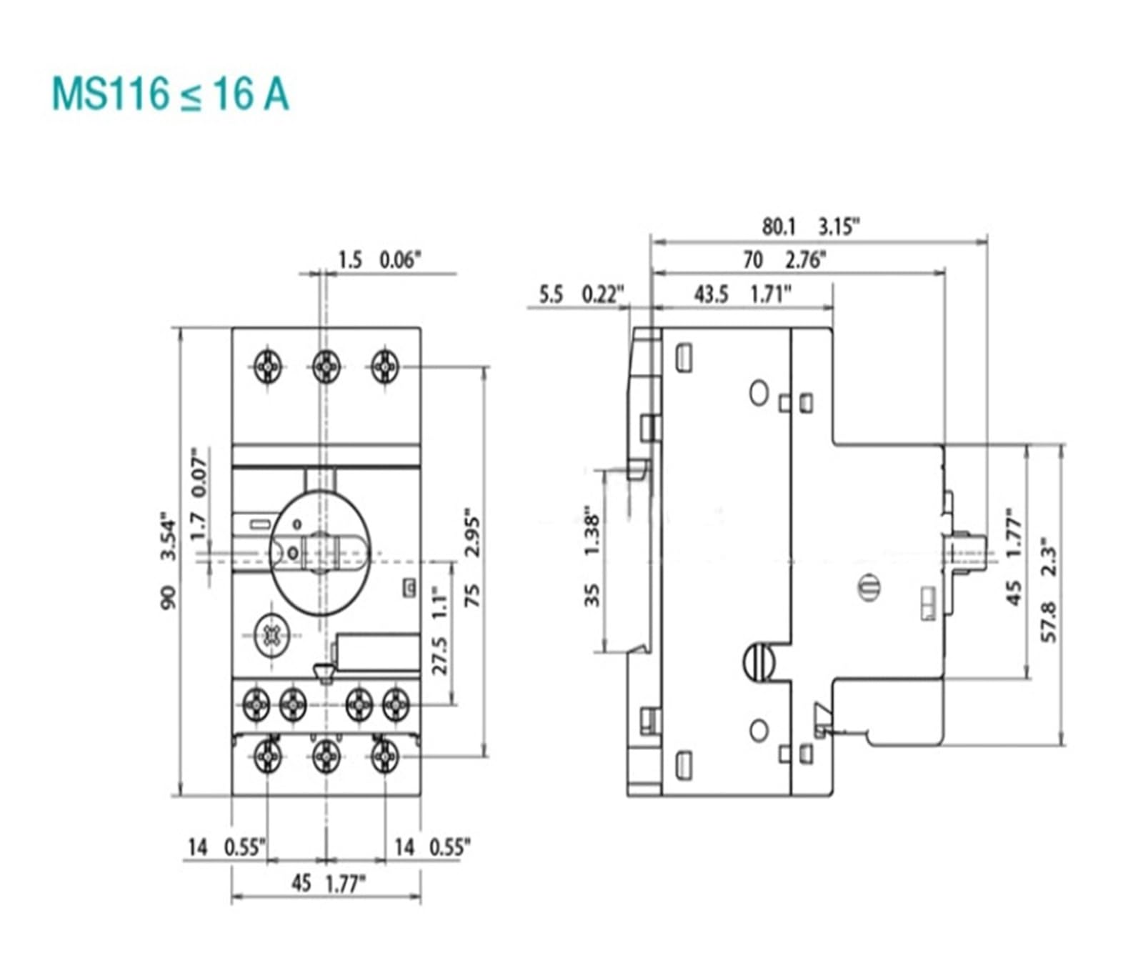 Disjoncteur de protection moteur MS116-0.63, plage de déclenchement thermomagnétique 0,40-0,63A