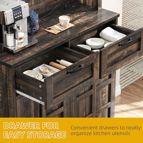 DWVO Kitchen Pantry Storage Cabinet with Tilt-Out Trash Can Fit 10 Gallon, Tall Farmhouse Kitchen Hutch Cabinets with Charging Station & Microwave Stand for Home Living Dining Room, Dark Rustic Oak