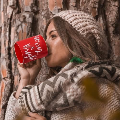 Christmas Mug Merry & Bright 11OZ Christmas Coffee Mug with Gift Card Ceramic Christmas Red Mug Double Sides Pattern Christmas Vacation Mug for Hot Cold Bevrage Xmas Gift for Family Friends Kids