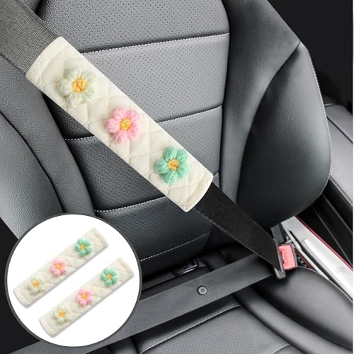Image of Amooca Soft Auto Seat Belt Cover Seatbelt Shoulder Pad Cushions 2 PCS for a More Comfortable Driving Universal Fit for All Cars and Backpack Off-White Knitted Flower (Green & Pink)