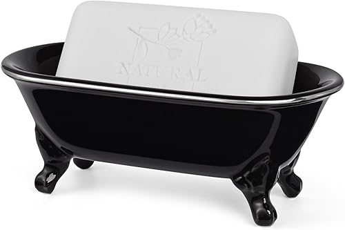 Miniatura 1 de Jabonera decorativa de cerámica de 6.5 pulgadas, soporte para esponja de cocina y bandeja de ducha para baño, 1 paquete (borde negro plateado)